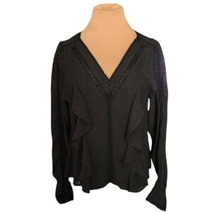 kolor STANDARD Black‎ Swiss Dot Sheer Lace Ruffle Blouse Women's Small